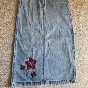 Christopher & Banks Blue Denim Maxi Skirt with Red Floral Embroidery
